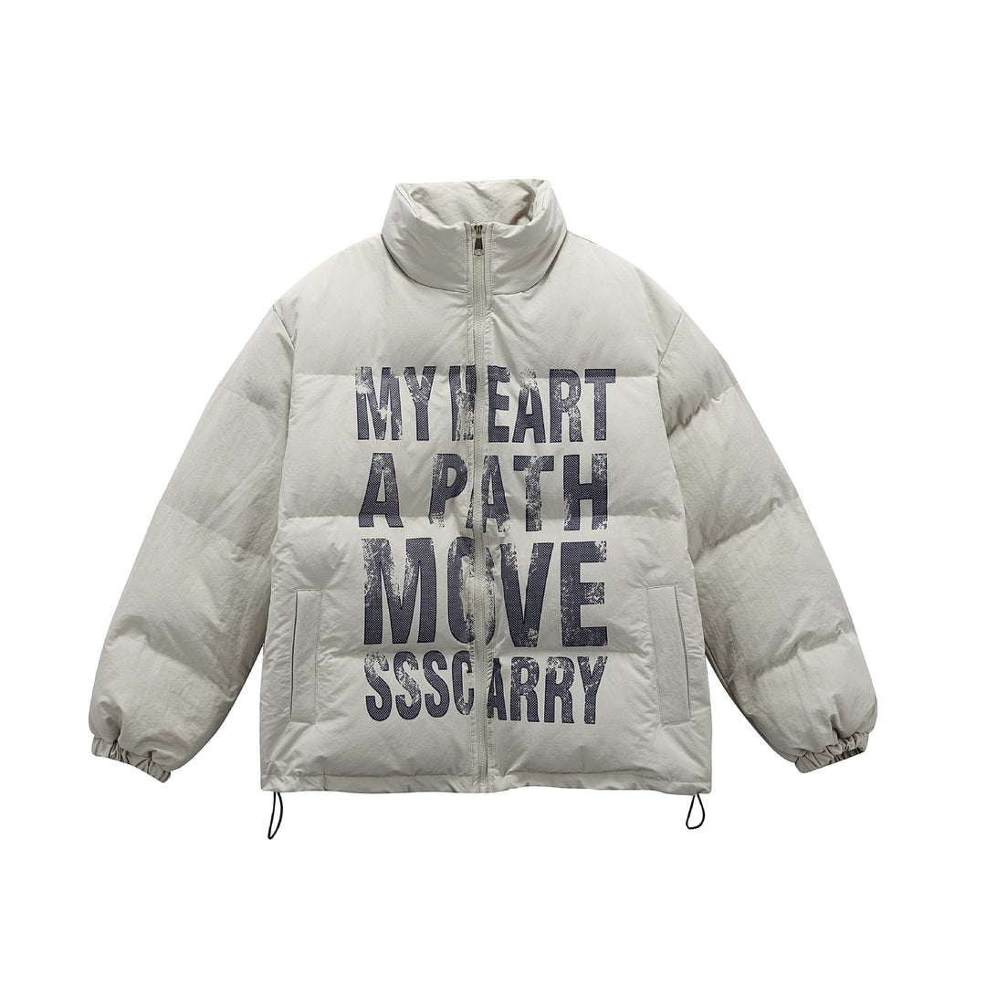 Unisex Oversize Steppjacke mit hohem Stehkragen und Statement-Print Drune