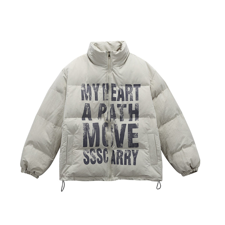 Unisex Oversize Steppjacke mit hohem Stehkragen und Statement-Print Drune