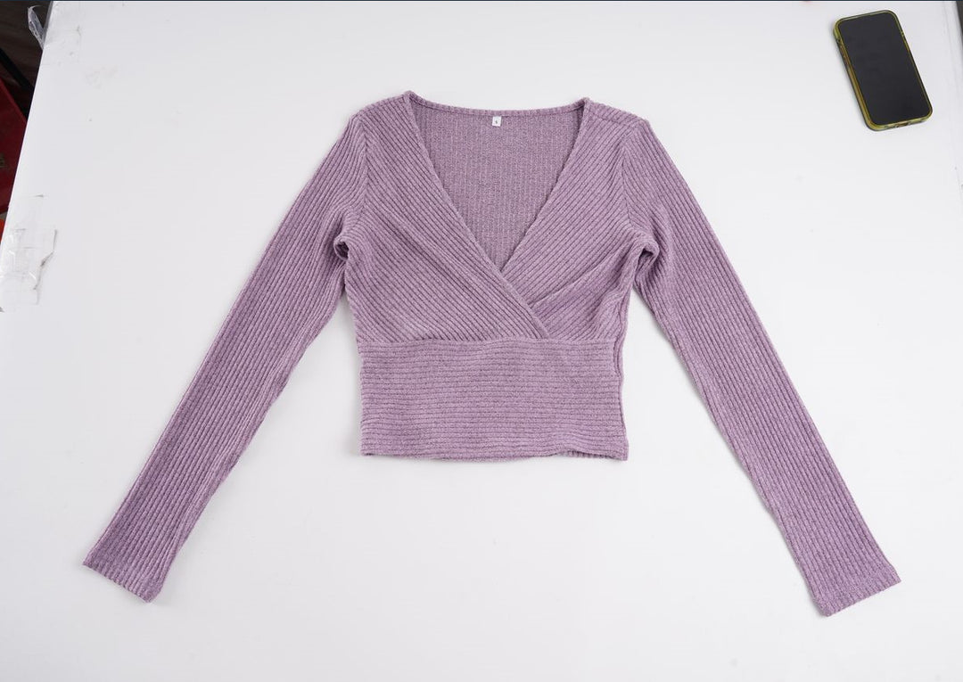 Damen Tailliertes Rippstrick-Wrap-Top mit tiefem V-Ausschnitt Drune