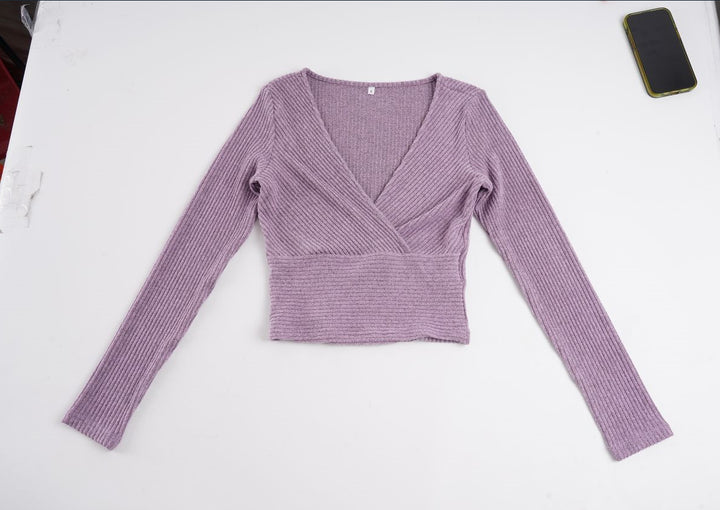 Damen Tailliertes Rippstrick-Wrap-Top mit tiefem V-Ausschnitt Drune
