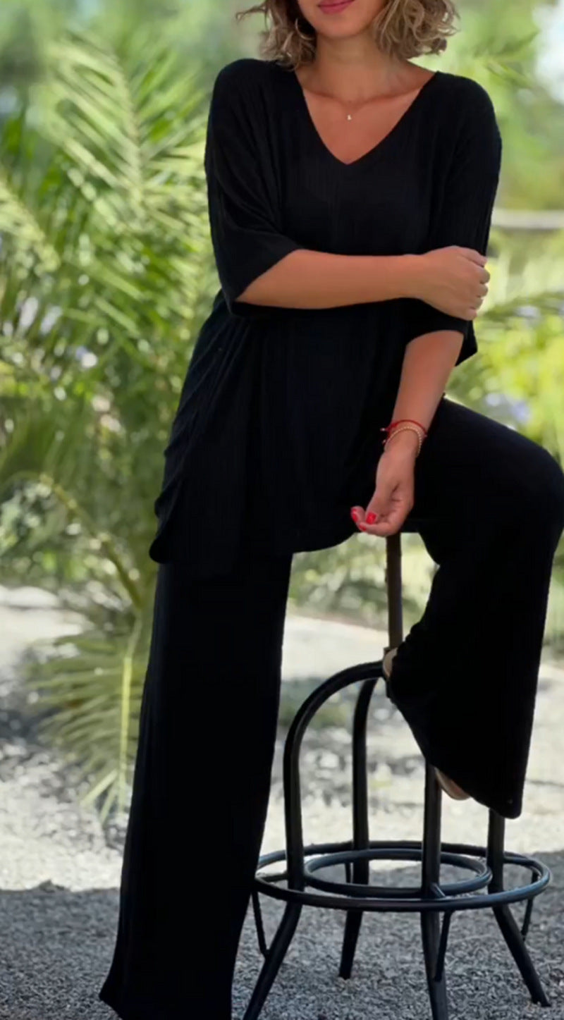Damen nan zweiteiliges Reise- und Loungewear-Set aus weichem Rippjersey mit Longline-Tunika und Palazzohose Drune