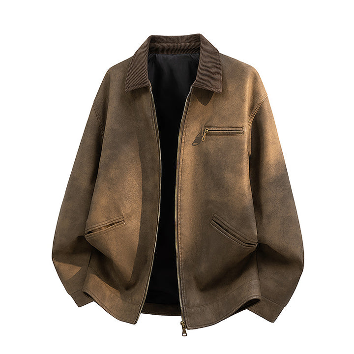 Herren Lässige Kunstlederjacke mit breitem Kragen Drune