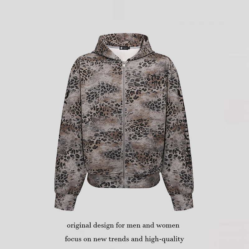 Damen Kapuzen-Sweatjacke mit durchgehendem Reißverschluss und Allover-Leopardenprint Drune