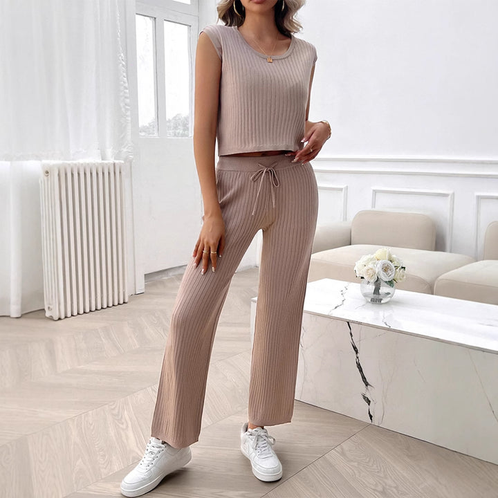 Damen Strick Zweiteiliges Set mit cropped Oberteil und weiter Hose Drune