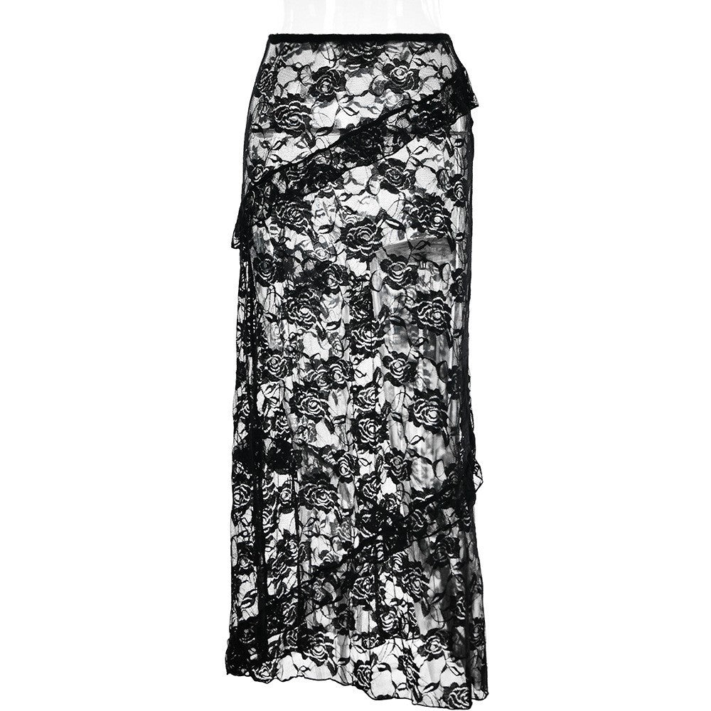 Damen Lange Spitzenrock mit asymmetrischem Rüschenverlauf und eleganter Blumenspitze Drune
