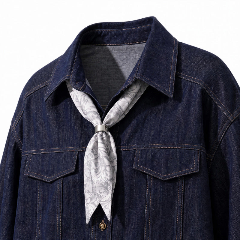 Damen Oversize-Chambray-Hemdbluse mit Ziernähten, Brustklappen & integriertem Halstuch Drune