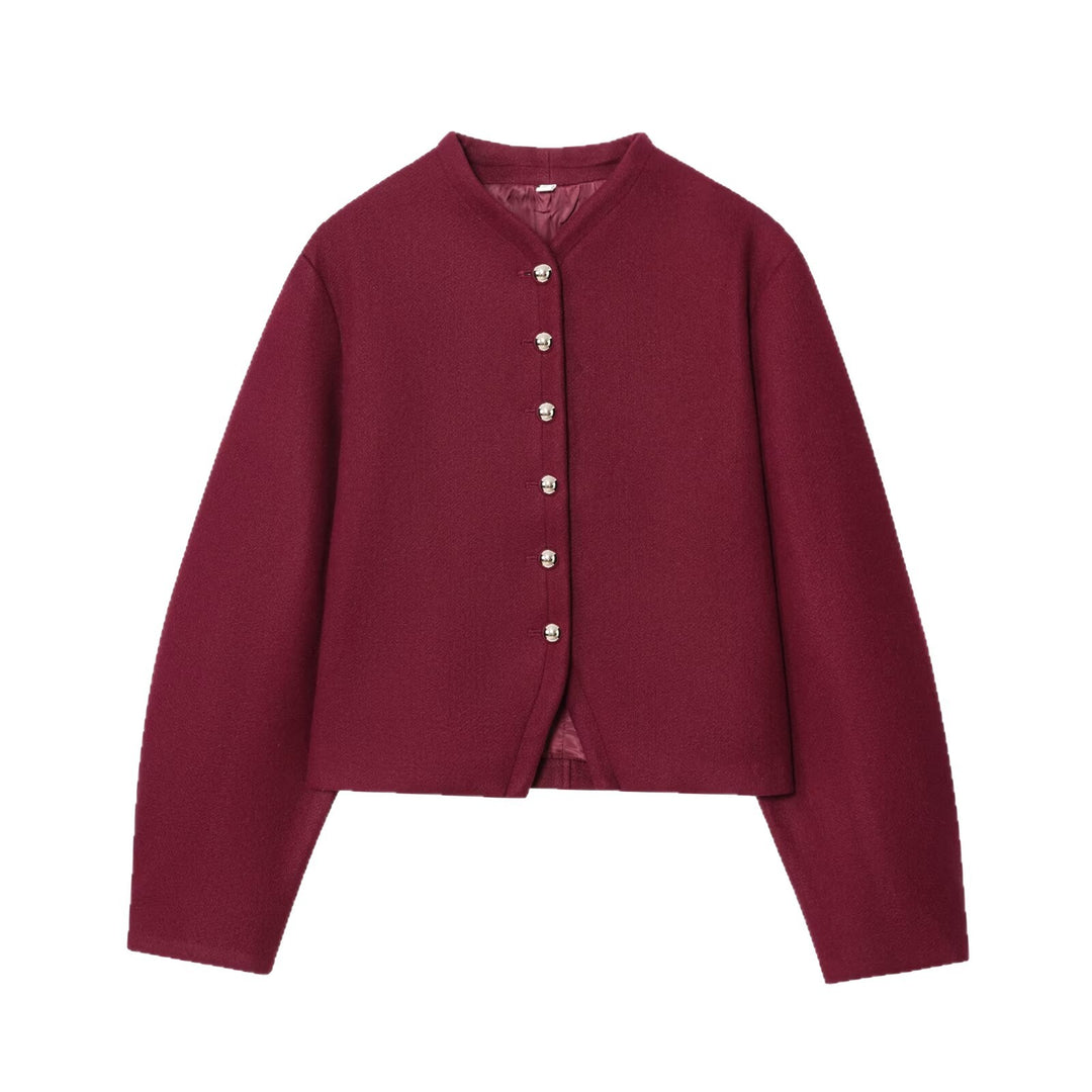 Damen Kurze Boxy‑Wollmix‑Jacke mit Rundhals und dekorativen Metallknöpfen Drune