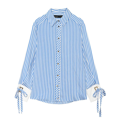 Damen Gestreifte Oversize‑Bluse mit langen Ärmeln, Schmuckmanschetten und Bindebändern Drune