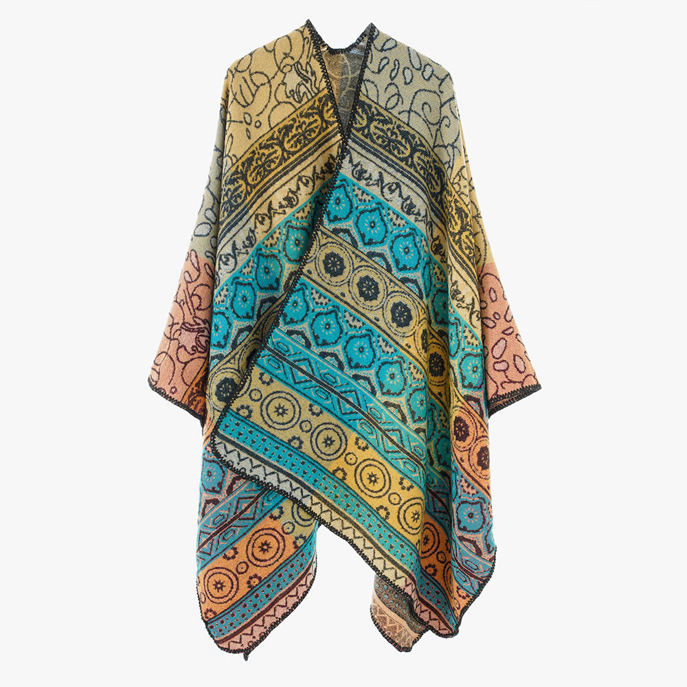 Damen Jacquard-Cape mit geometrischem Ornamentmuster und kontrastierter Kettelnaht Drune