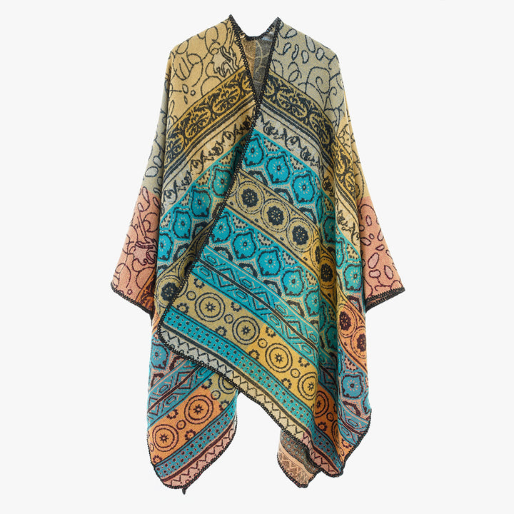 Damen Jacquard-Cape mit geometrischem Ornamentmuster und kontrastierter Kettelnaht Drune