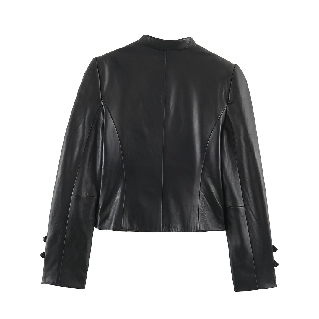 Damen Cropped-Lederoptik-Jacke im militärisch inspirierten Design mit Stehkragen und Zierdöbeln Drune
