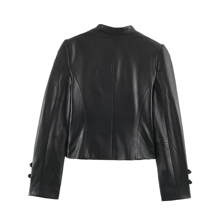 Damen Cropped-Lederoptik-Jacke im militärisch inspirierten Design mit Stehkragen und Zierdöbeln Drune