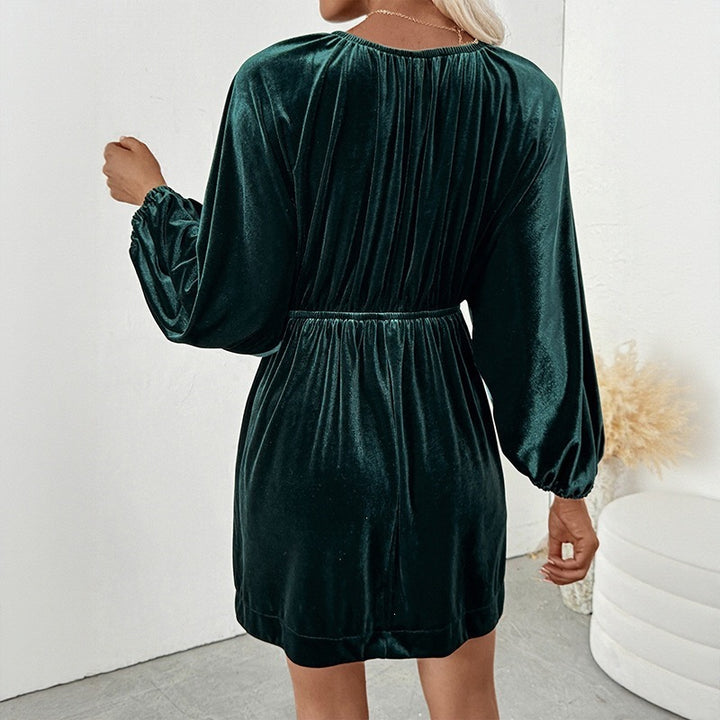 Damen Elegantes Samtkleid mit V-Ausschnitt und Puffärmeln Drune