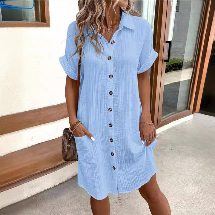 Damen Hemdblusenkleid aus leichtem Baumwollstoff mit praktischen Taschen und durchgehender Knopfleiste Drune
