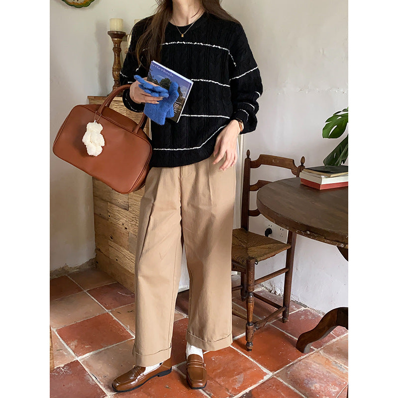 Damen lässiger Strickpullover mit Zopfmuster Drune