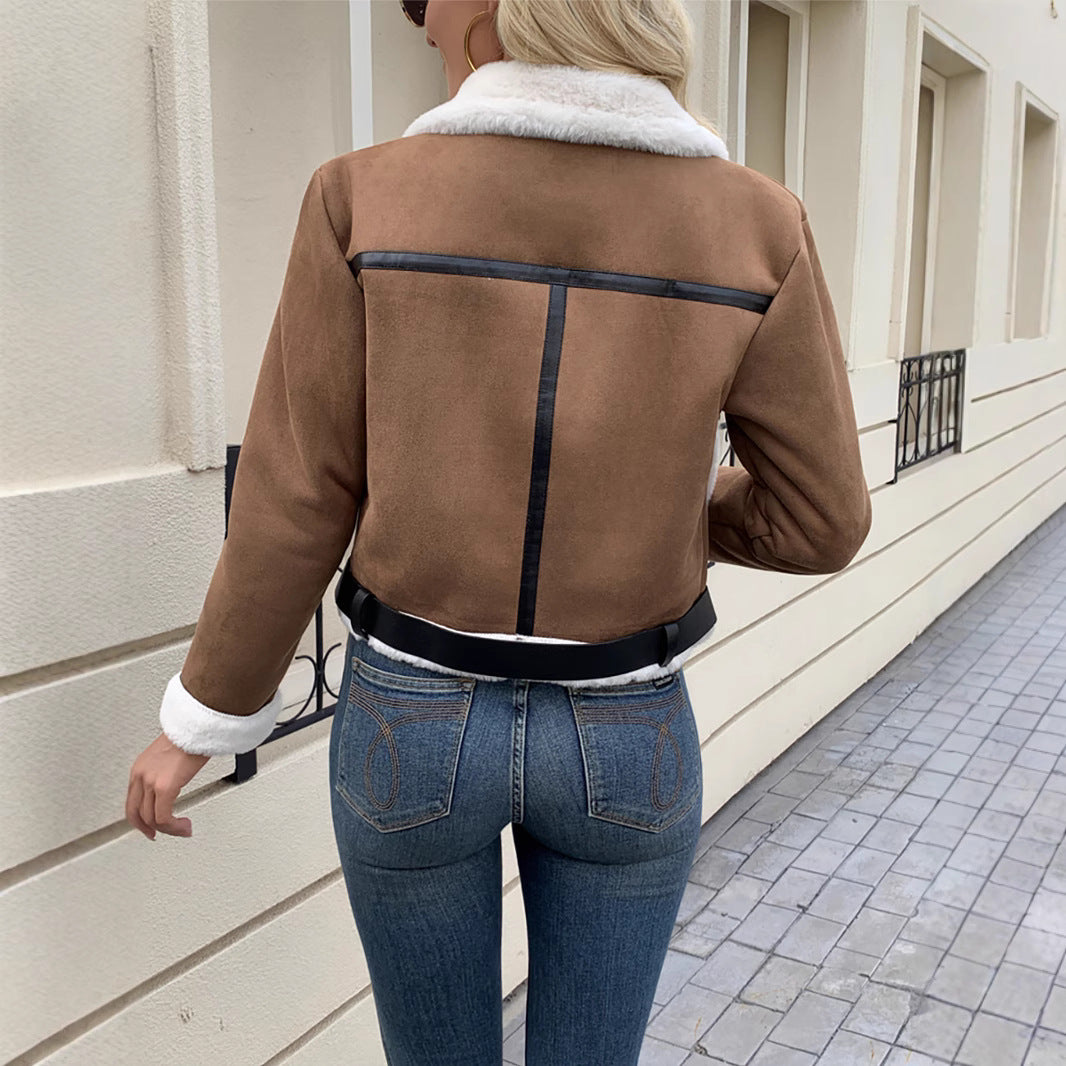 Damen Stylische Jacke mit Kunstfellbesatz und dekorativen Schnallen Drune