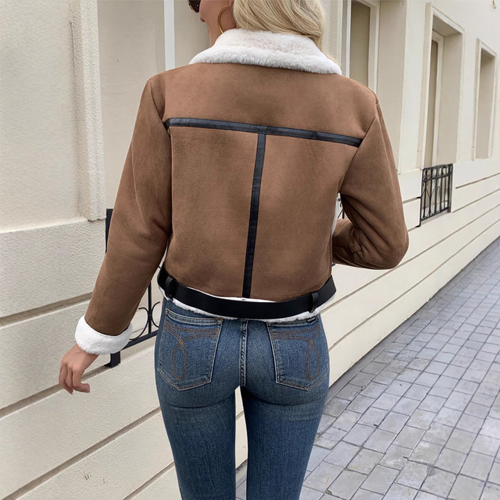 Damen Modische Teddyfelljacke mit Lederdetails
