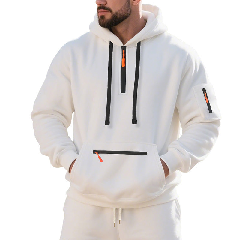 Herren Oversize-Kapuzenpullover mit halbem Reißverschluss, Kängurutasche mit Reißverschluss und Ärmel-Pocket Drune