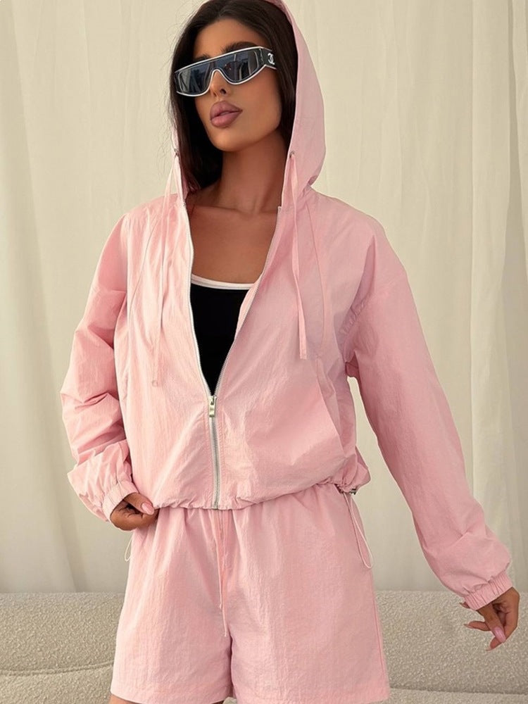 Damen Sportives Kurzarm-Set mit Kapuzenjacke und elastischem Bund