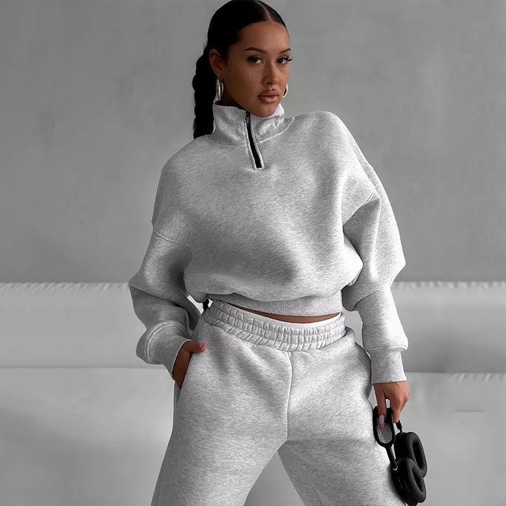 Damen Zweiteiliges Cropped-Halbzip-Sweatset mit Stehkragen und elastischer High-Waist-Jogginghose Drune
