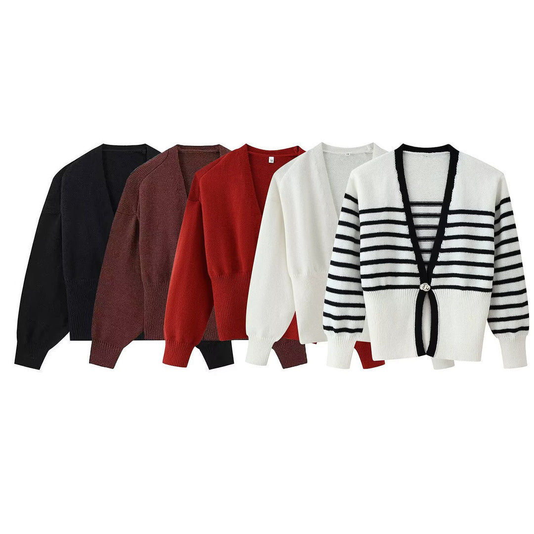 Damen Kurze V‑Ausschnitt Strickjacke mit Ballonärmeln und Zierknopf Drune