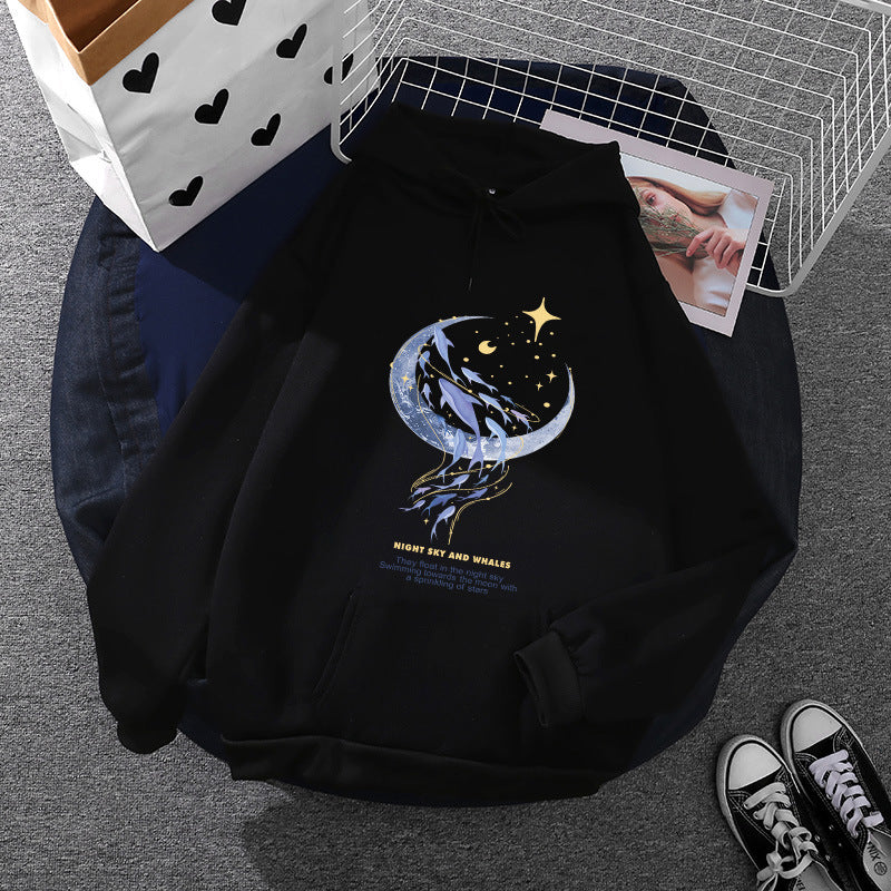 Damen nan Kapuzenpullover mit Mond‑und‑Wal-Illustration, Oversize-Schnitt und Kängurutasche Drune