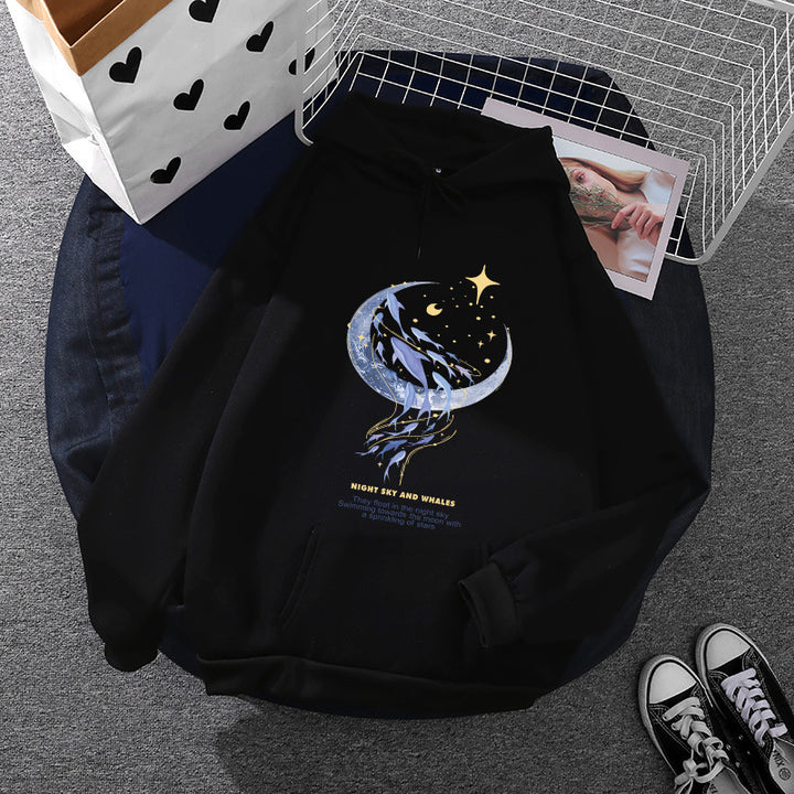 Damen nan Kapuzenpullover mit Mond‑und‑Wal-Illustration, Oversize-Schnitt und Kängurutasche Drune