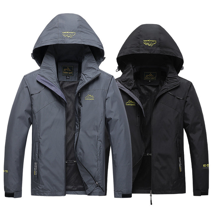 Herren atmungsaktive Softshell-Trekkingjacke mit verstaubarer Kapuze, Netzfutter und multifunktionalen Reißverschlusstaschen Drune