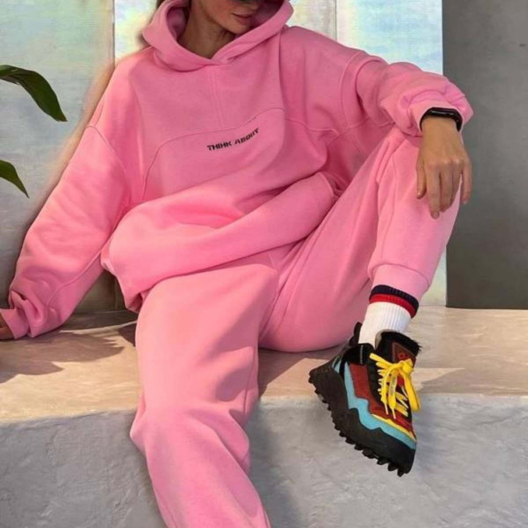 Damen Oversized Kapuzenpullover mit Statement-Print und elastischer High-Waist Jogginghose Set Drune