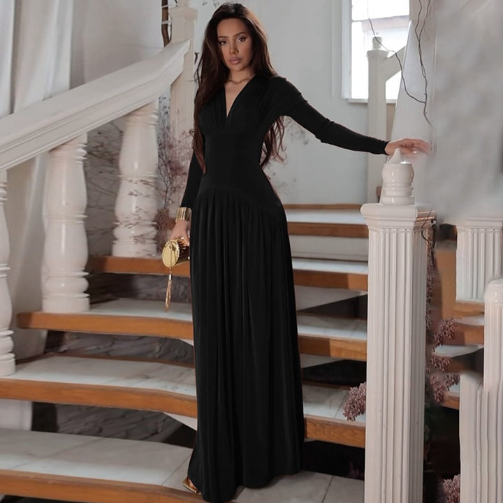 Damen Elegantes Maxikleid mit tiefem V-Ausschnitt und fließendem Schnitt Drune