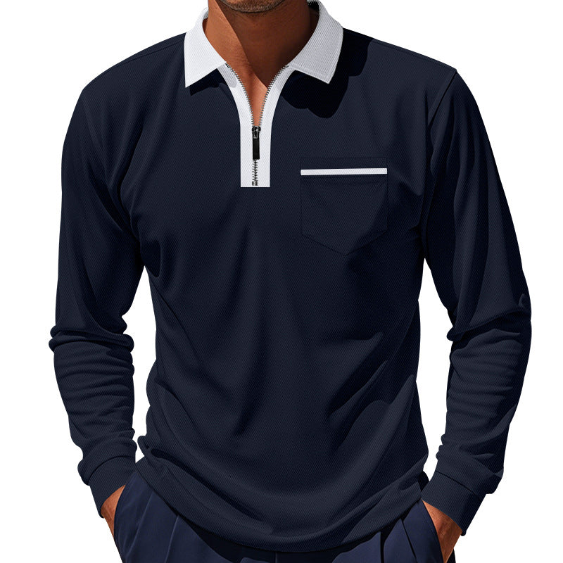 Herren nan langärmeliges Zip-Poloshirt mit Brusttasche und Kontrastkragen Drune