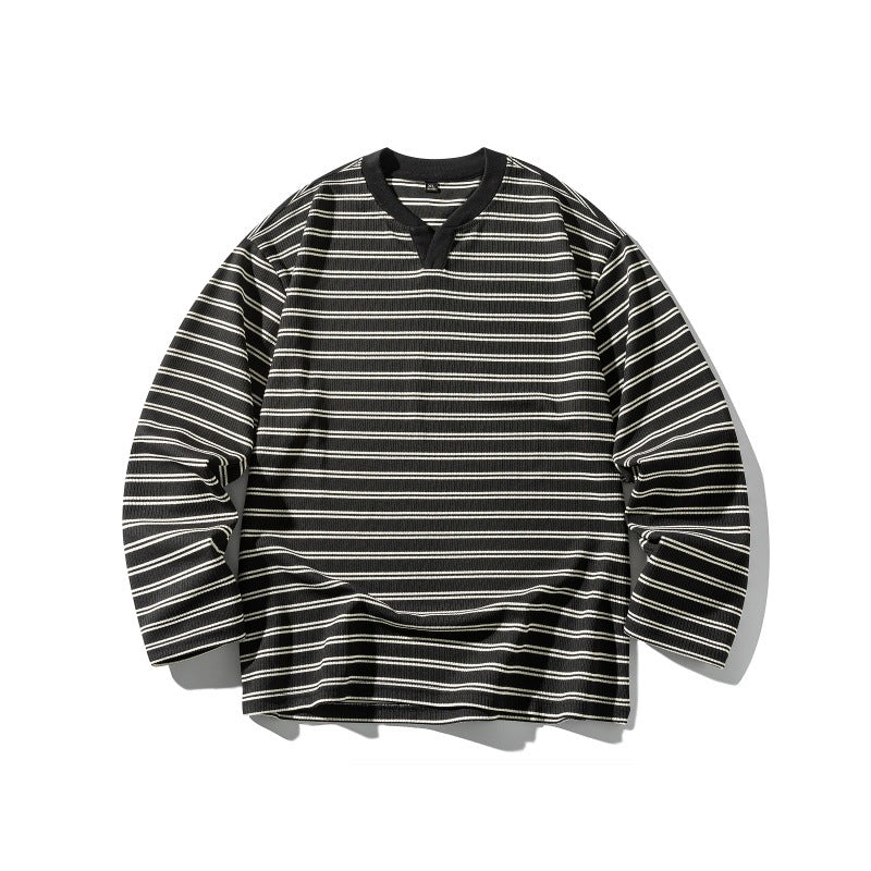 Unisex Gestreiftes Strukturiertes Longsleeve mit Notch-V-Ausschnitt und Rippenstruktur Drune