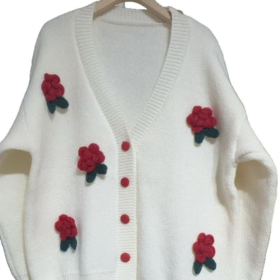 Damen verspielte Strickjacke mit floralen Applikationen und Knopfdetails Drune