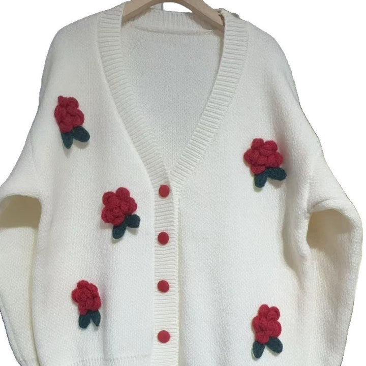Damen verspielte Strickjacke mit floralen Applikationen und Knopfdetails Drune