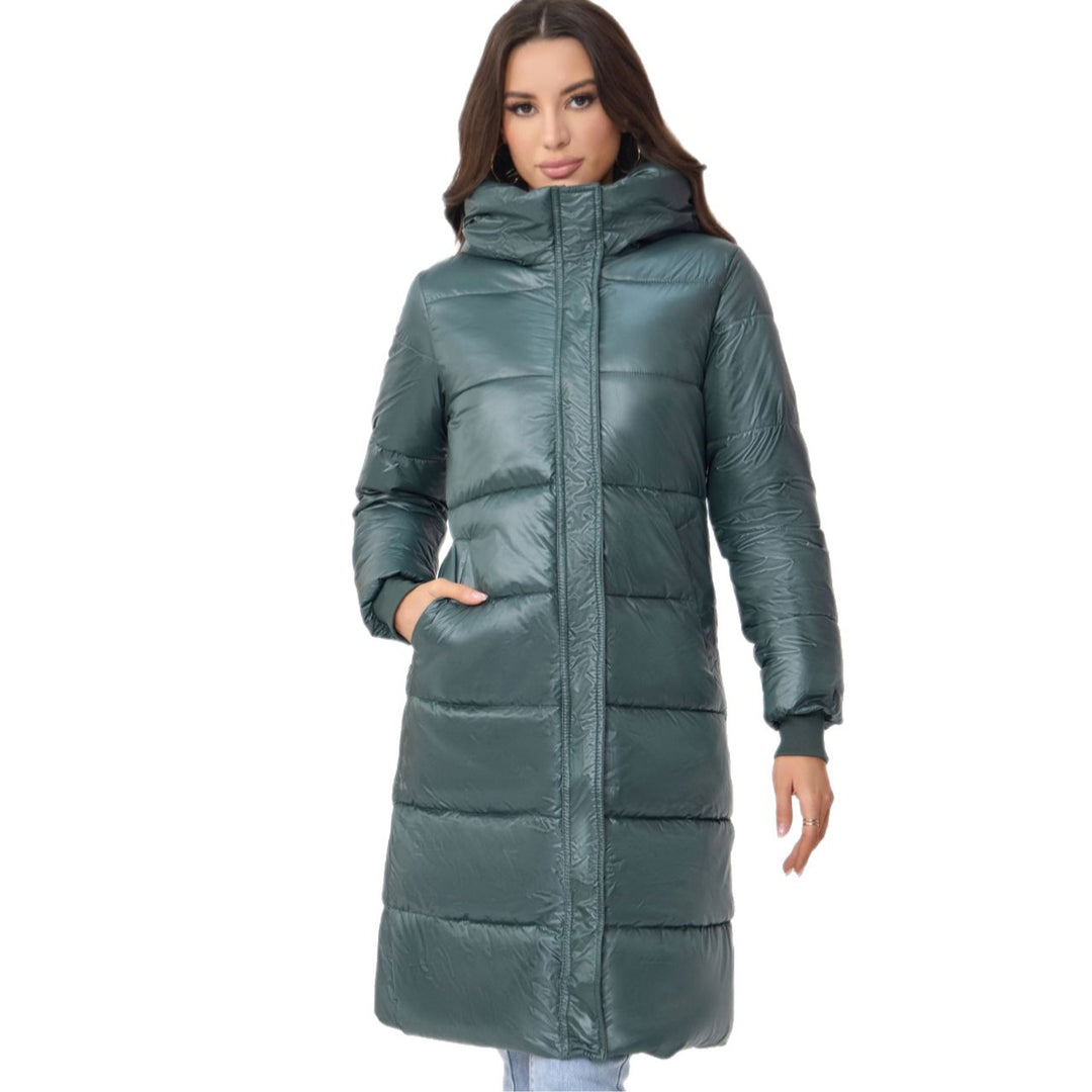 Damen Langer Puffer‑Mantel mit hohem Stehkragen, wattierter Steppung und elastischen Bündchen Drune