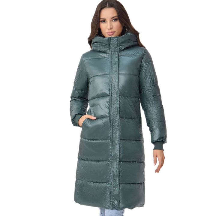 Damen Langer Puffer‑Mantel mit hohem Stehkragen, wattierter Steppung und elastischen Bündchen Drune