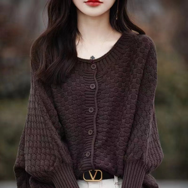 Damen lässiger Strickpullover mit Struktur und Knopfleiste Drune