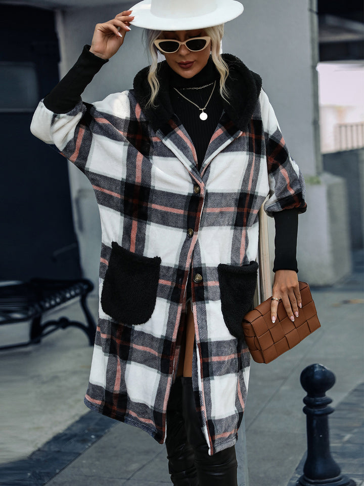 Damen Plüschige Karomanteljacke mit großen Taschen und lässigem Design Drune