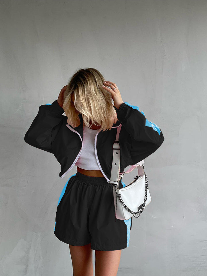 Damen nan kurzes Sport-Trackset mit Crop-Zip Jacke und elastischer Highwaist-Shorts Drune