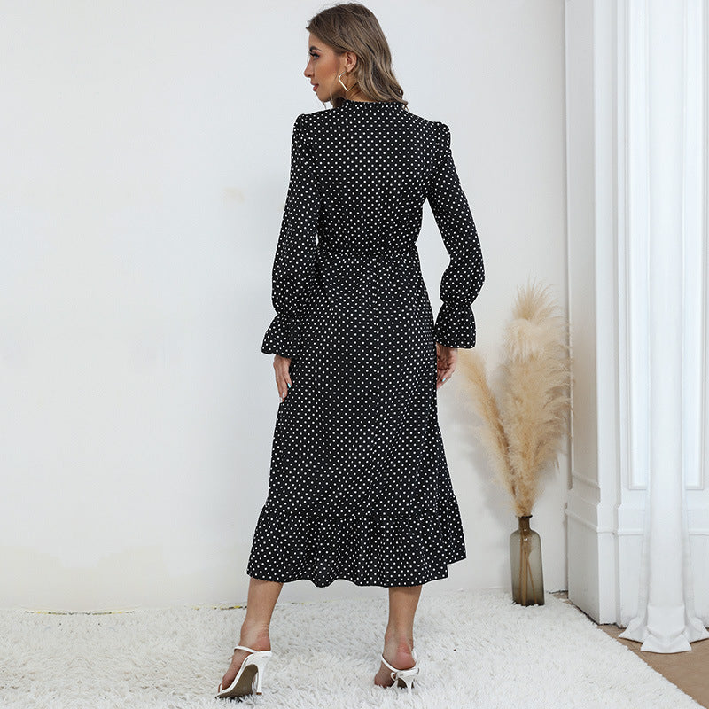 Damen Maxikleid mit Polka-Dot‑Print, geraffter Taille, Schleifenkragen und Volant-Saum Drune