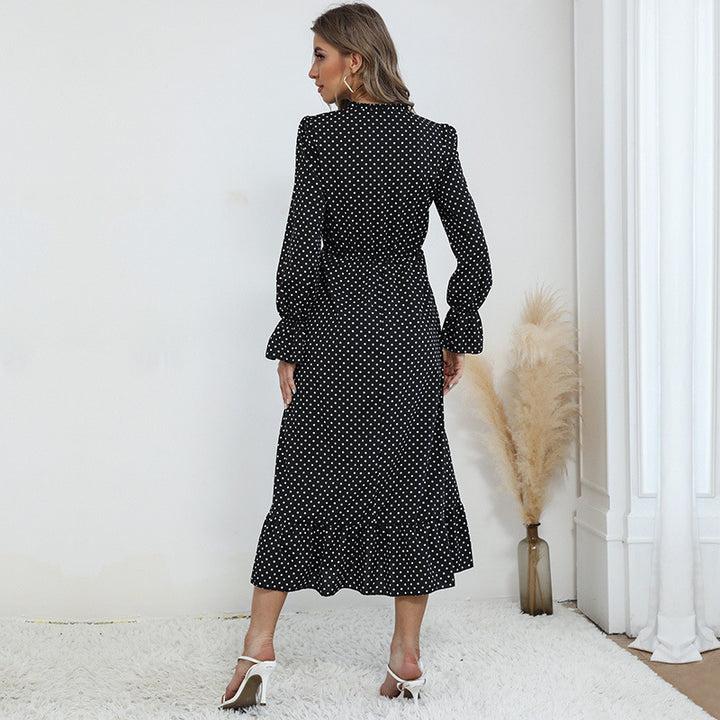 Damen Maxikleid mit Polka-Dot‑Print, geraffter Taille, Schleifenkragen und Volant-Saum Drune