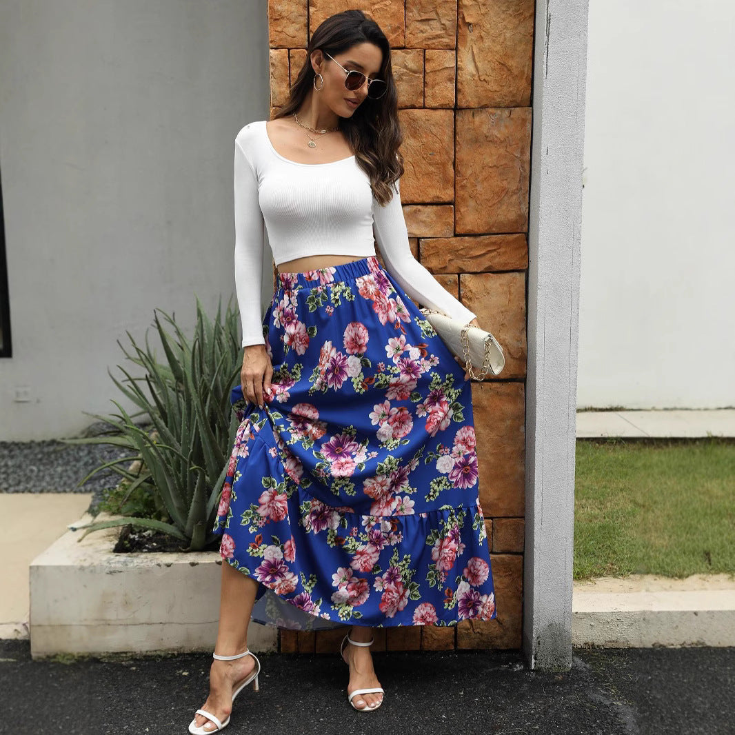 Damen Maxi-Rock mit floralen Volantdetails und elastischem Bund Drune