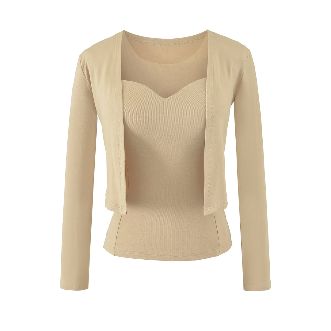 Damen Zweiteiliges Feinstrick-Top-Set mit Mesh-Einsatz und offenem Cardigan Drune