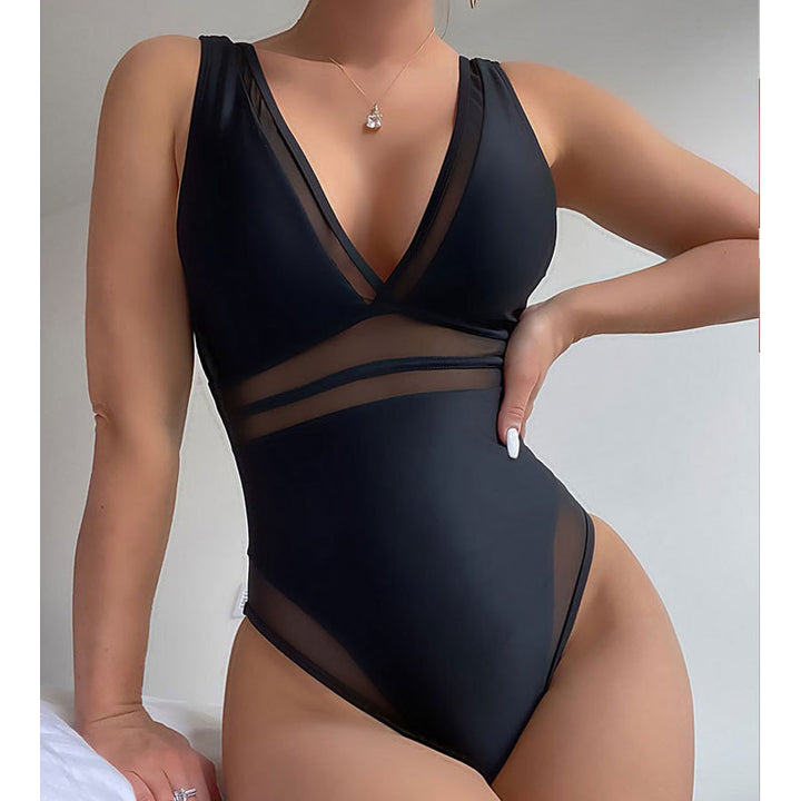 Damen Einteiliger Badeanzug mit tiefem V-Ausschnitt und eleganten Transparentsdetails Drune