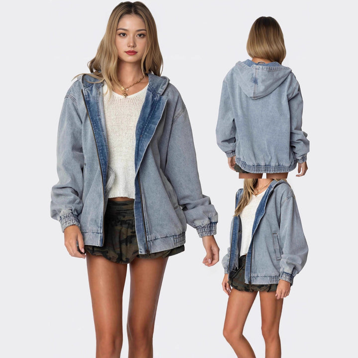 Damen Oversized Denimjacke mit Kapuze und elastischen Bündchen Drune