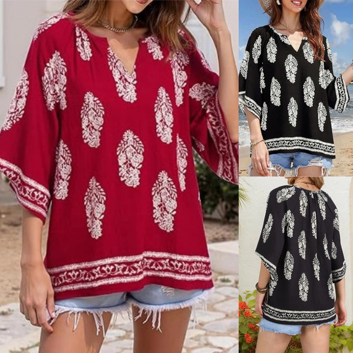 Damen Lockeres Strand-Tunika-Oberteil mit V‑Ausschnitt und Boho‑Print Drune