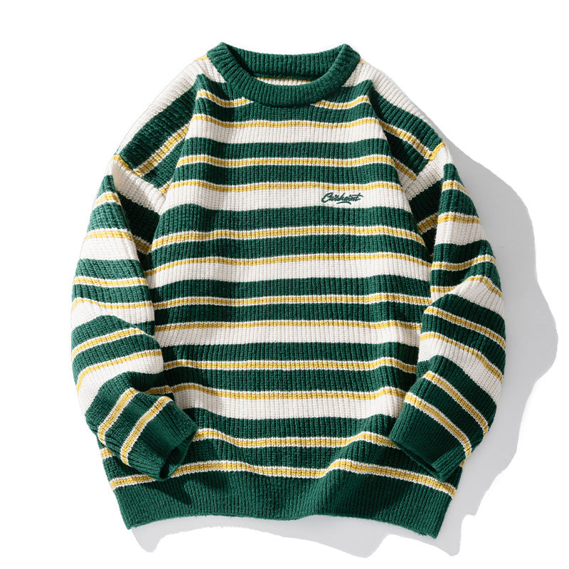 Unisex Gestreifter Grobstrick-Pullover mit Rundhalsausschnitt und Relaxed‑Fit Drune