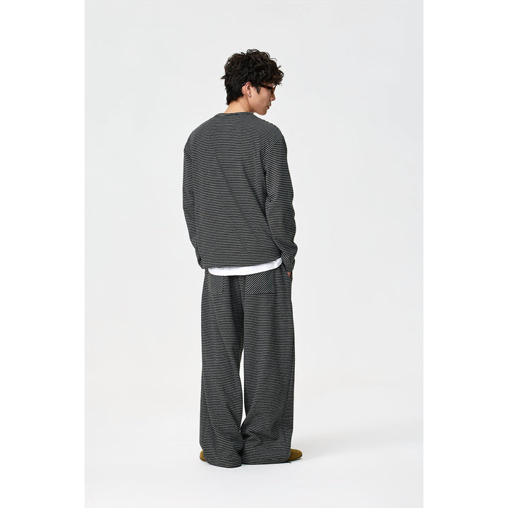 Unisex Gestreiftes Henley-Langarmshirt im Oversize-Relaxed-Schnitt mit Knopfleiste Drune