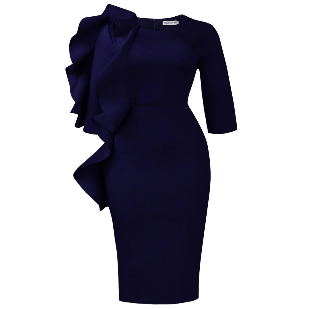 Damen figurbetontes Kleid mit asymmetrischem Rüschendesign Drune