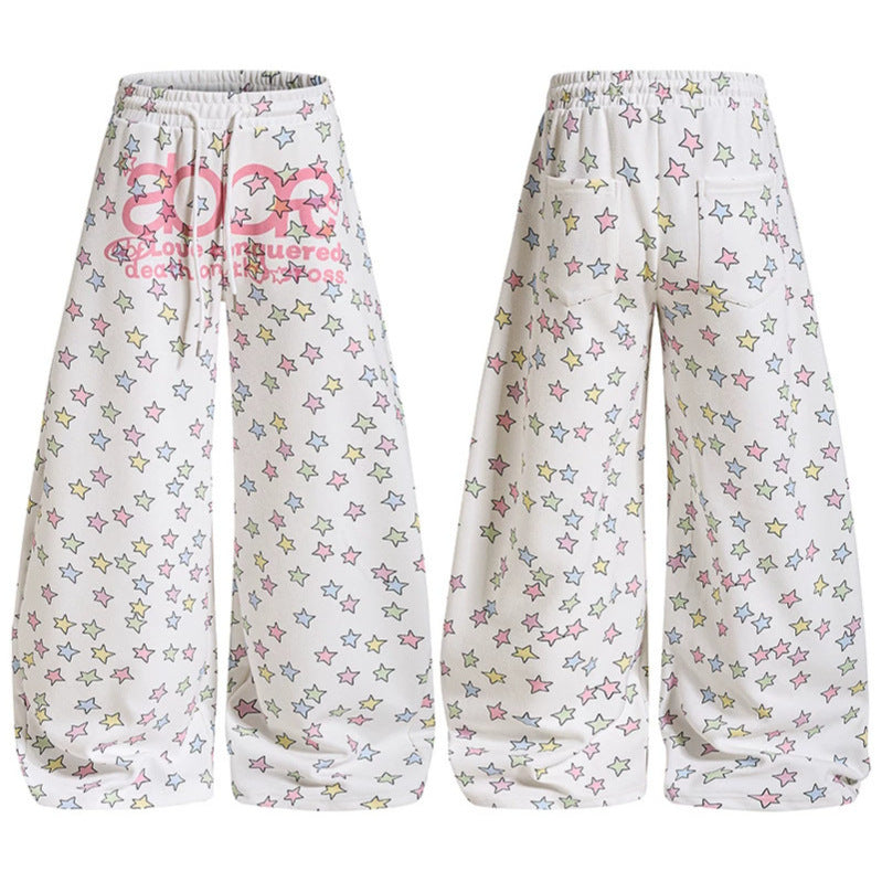 Damen Weite Lounge-Palazzohose mit hohem Elastikbund, Kordelzug und Sternchen-Allover Drune
